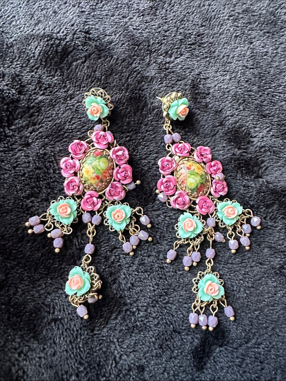 Vintage Floral Chandelier Earrings Rose Cameo Beaded Statement Gold Tone